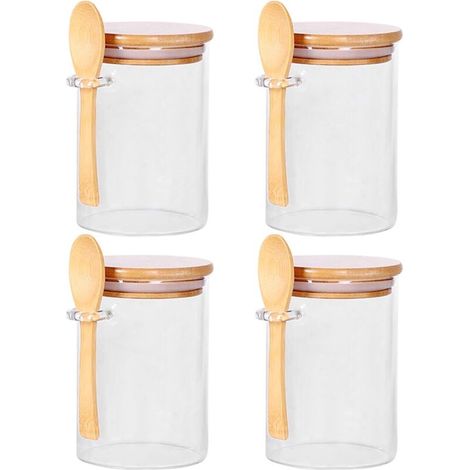 Ensemble de 4 bocaux en verre hermétiques pour la conservation des céréales et des fruits secs, avec couvercles et cuillères en bambou, modèle . (1/5)