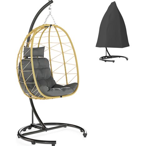 Hängesessel faltbar Ei-Form mit Kissen Stahlrahmen Polyrattan PE Hängekorb Schwarz Grau Beige