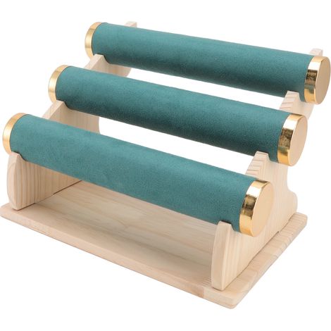 Présentoir à bijoux à 3 niveaux détachables avec plateau en bois pour bracelets, montres et accessoires (vert). (1/5)