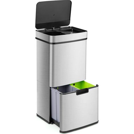 19 Gal Stainless Steel Trash Can with Kitchen Waste Bin and 2 Bottom Recycling Bins-Silver (1/5)