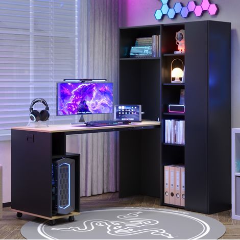 Bureau rabattable 2-en-1 avec étagère, prise EU et USB, 104,5x30,5x160 cm, gain de place, MDF noir chêne (1/5)