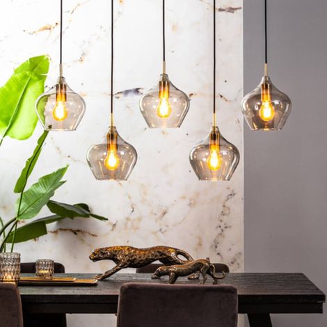 Suspension 5 lampes réglables en hauteur – Verrines en verre fumé – Douilles couleur laiton patiné – Longueur 104 cm – Largeur 20 cm – Millumine (1/5)