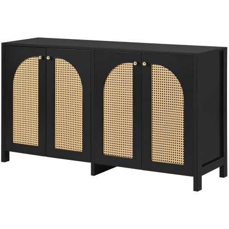 Buffet rotin 4 portes, poignées métal, noir, minimaliste