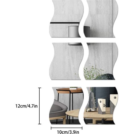 6PCS autocollants muraux miroir vague 3D adhésif déco maison