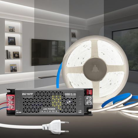 Ruban LED COB 5M, DC 12V Bande LED Blanc Froid 6000K avec Transformateur 220V 12V 100W Alimentation Réglable, Adhésif Bandeau Lumineuse COB Dimmable pour Chambre, Décoration de la Maison (1/5)