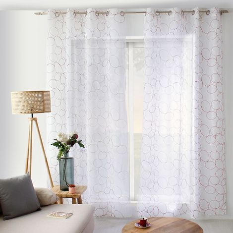Rideau Voilage Brodé "Galet" 140x240cm Bordeaux & Blanc