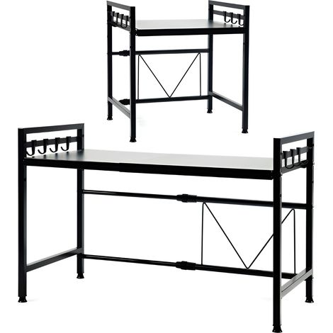 Mensola allungabile da 40 a 65 cm mini tavolino nero salvaspazio con 8 ganci per appendere utensili e piedini di livellamento arredo casa cucina (1/5)