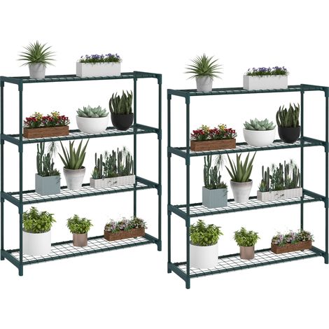 Lot de 2 étagères à fleurs - supports de pots - Outsunny - 4 niveaux intérieur et extérieur - acier - 89 x 28 x 107 cm - vert (1/5)