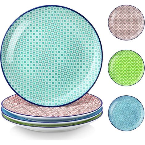 Lot de 4 assiettes plates en porcelaine multicolore motif géométrique 26 cm (1/5)