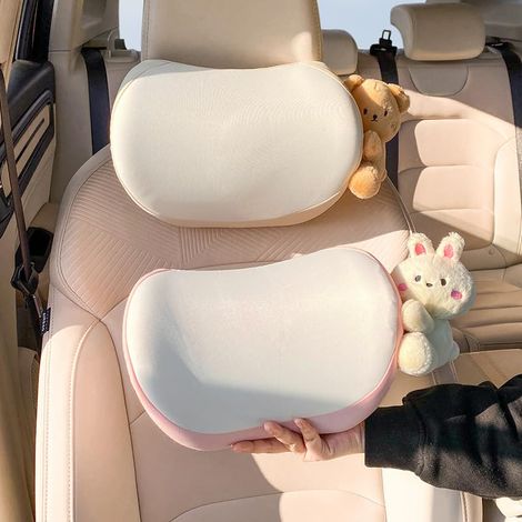 Adorable ensemble de 2 coussins pour appui-tête de voiture : coussins de nuque ours et lapin, soutien de la nuque en mousse à mémoire de forme pour une conduite confortable (rose + marron) (1/5)