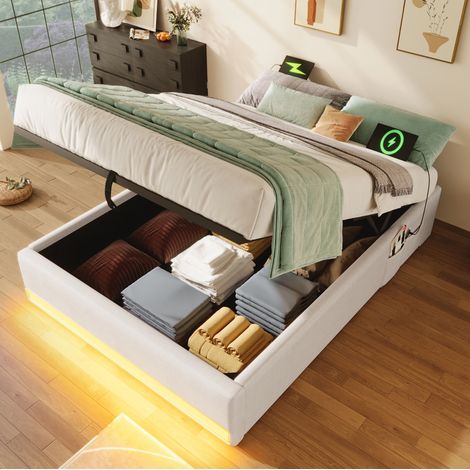 Cama con almacenaje 90x200 lino USB y LED OKMYHOME (1/5)