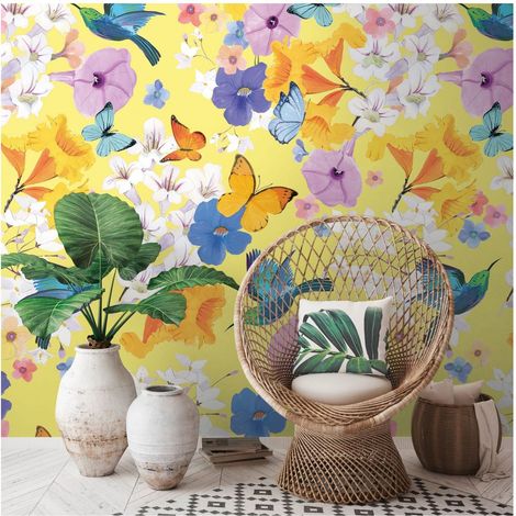 Photo wallpaper Profhome 391971 hot embossed non-woven wallpaper smooth with floral pattern matt yellow blue white purple 1.59 m x 2.8 m (1/4)