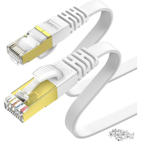 30m Cat 7 Flat Ethernet Cable, RJ45 Cable, Gold Plated Connectors - High Speed LAN Network Cable 10Gbps - 600MHz - White (1/4)