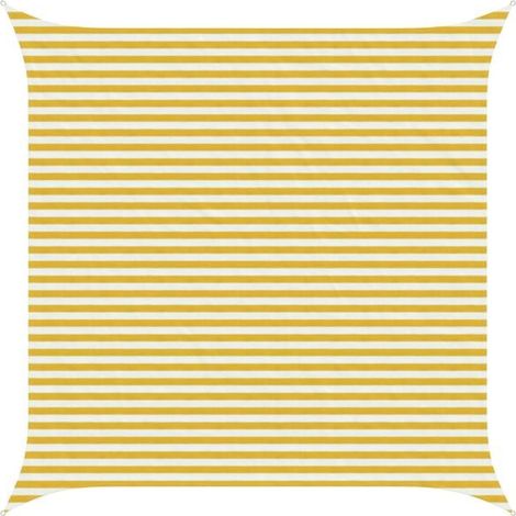 Voile d'ombrage à rayures jaunes et blanches, 4 x 4 mètres, en polyéthylène haute densité. (1/5)