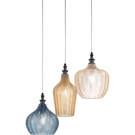 Cleofe - Suspension 3 lumières en verre transparent ambre, ocre et cobalt - 3XE27 max 3X60W, déco style vintage