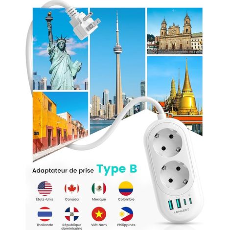 LENCENT US Plug Adapter, FR to American Adapter Cable 1.2 m