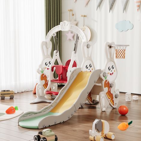 4-in-1-Kinderspielplatz mit Schaukeln, leicht zu erklimmender Treppe, Rutschen, Basketballkörben, Indoor-/Outdoor-Spielplatz für Kinder, HDPE – Beige (1/5)