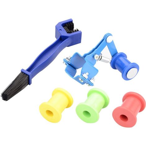 Kombination aus Kettenspanner und Kettenreinigungsbürste für Geländefahrzeuge mit blauer Halterung (Radfarbe zufällig). (1/4)