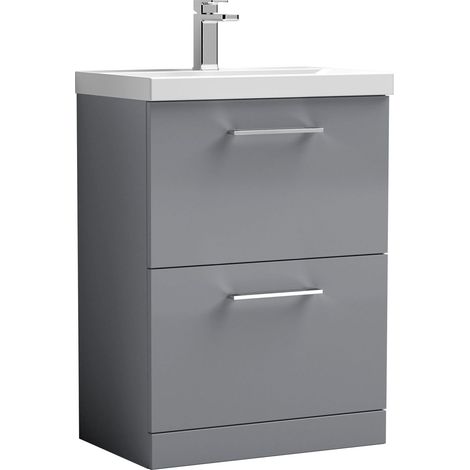 Balterley  Contemporary Bathroom 2 Soft Close Drawer & Thin-Edge Floor Standing Vanity Unit Basin, Satin Grey, 600mm