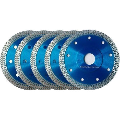 Disco de diamante 115 mm, lote de 5 discos de corte de diamante Ø115 x 1,2 mm x 22,23 mm, para amoladora angular, corte de porcelana, azulejos, granito, mármol, cerámica, hormigón armado, azul (1/5)