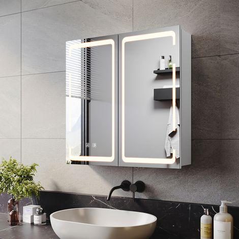 ELEGANT Bathrrom Wall Cabinet Illuminated LED Mirror with Shaver Socket, 3 Lights Changing Modes, Wireless Hinge Design, Double-Door 590x600mm