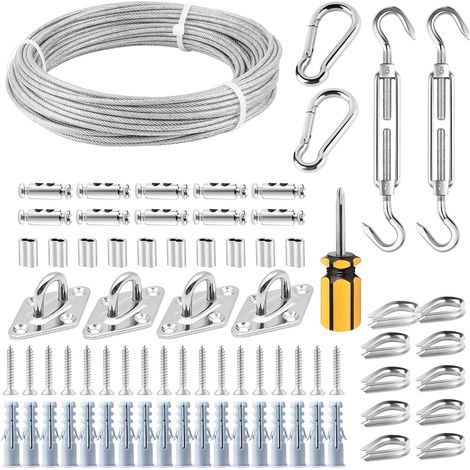 Kit de Fixation pour Auvent, Kit de Matériel pour Voile d'ombrage avec Câble Métallique de 20 m, Tendeurs M5, Oeillets M5, Kit de Fixation pour Voile d'ombrage en Acier Inoxydable pour Jardin (1/5)
