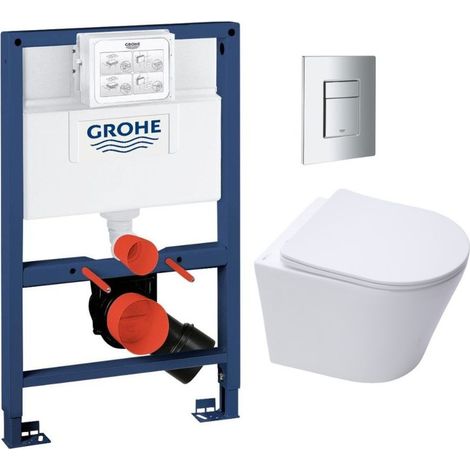 Grohe – Pack WC bâti-support Rapid SL – WC suspendu Infinitio sans bride – Plaque chrome – Fixations invisibles – Abattant frein de chute (1/5)