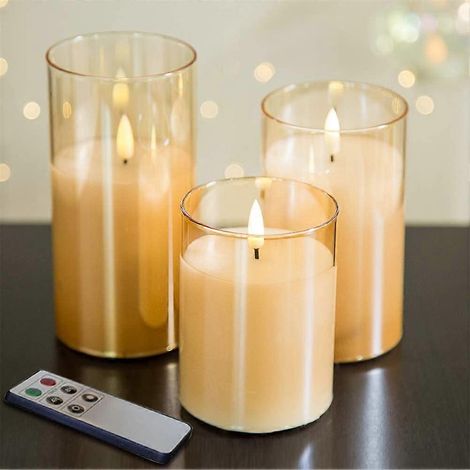 Eywamage Flammenlose LED-Glas-Säulenkerzen mit Fernbedienung, batteriebetrieben, Echtwachsdocht, 3er-Set, Durchmesser 3 cm, Höhe 4,5 cm, Grau (1/5)