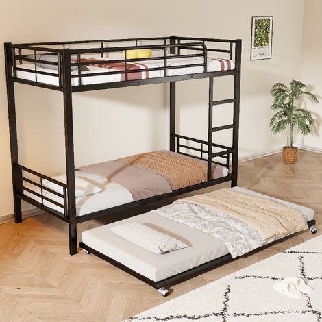 Etagenbett mit Ausziehbett für 3 Personen, 90x200 cm & 90x190 cm, Metallbett Schwarz, Stockbett mit Rausfallschutz, EN747 zertifiziert (1/5)