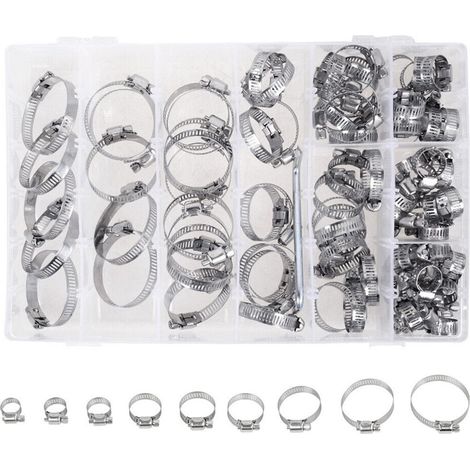 Paquete de 80 a 100 abrazaderas para mangueras, de acero inoxidable 201, con diámetros de 8 a 38 mm, para tuberías de agua, gas y automoción. (1/5)