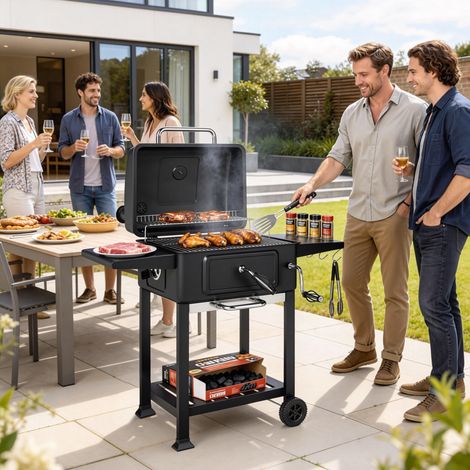 Barbecue portable au charbon de bois avec plateau et ventilation réglable, grande grille, étagères latérales, thermomètre et roues