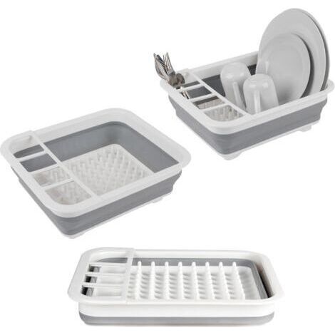 BUNTHAUS Égouttoir à vaisselle pliable avec porte-ustensile - parfait pour les propriétaires ou le camping, résistant à la déchirure, conception peu encombrante, pieds antidérapants, Gris (1/4)