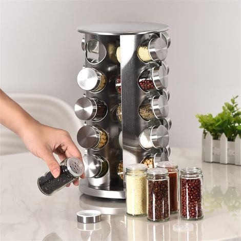 Étagère à épices rotative en acier inoxydable pour 20 pots avec base antidérapante - Organisateur de cuisine pour un accès et un rangement faciles des épices (argenté) (1/5)