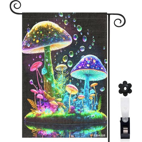 Drapeau de jardin décoratif 30 x 45 cm motif champignons colorés style féerique toile double face (1/5)