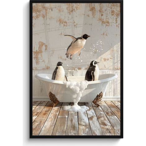 PÓSTER ENMARCADO Vintage - Pingüino - Bañera - Espuma Pared Decoracion Grande 80x120 (1/5)