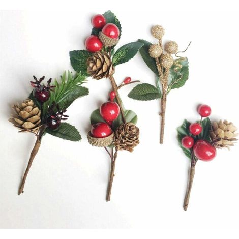 Lot de 25 mini pics de sapin de Noël artificiels de 10,2 cm - Tiges de baies rouges - Branches de pin artificielles - Pour couronne, décoration d'hiver
