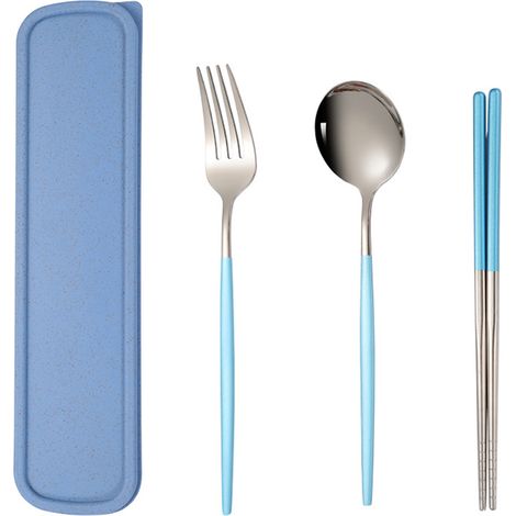 2 Couverts de voyage, Acier inoxydable, Fourchette Cuillère Baguettes, Boîte de transport, Camping (1/5)