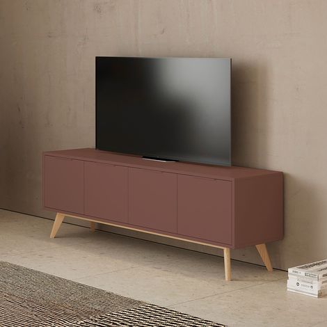 Meuble TV 4 portes 140x40x53 cm en pin terracotta - KLIMEA
