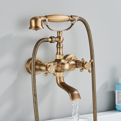 Ensemble de baignoire-douche rétro en laiton noir bronze – Mitigeur eau chaude et froide à double boutons avec bec pivotant mural