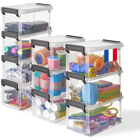 10 Boîtes de rangement, clips fermeture, plastique transparent, empilable, bureau école