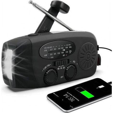 Radio solaire AM/FM/NOAA avec manivelle, chargeur USB, lampe torche LED, batterie 2000 mAh, pour les urgences et les activités de plein air. (1/5)