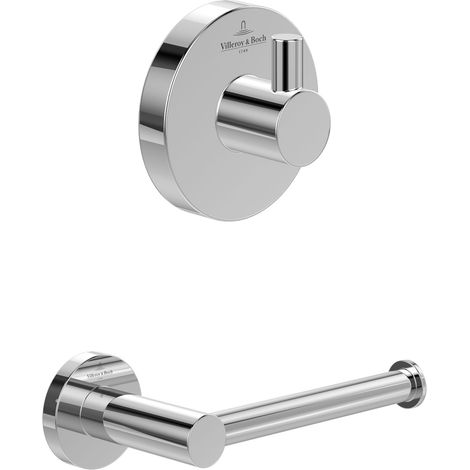 Villeroy & Boch Elements-Tender Badaccessoire-Set (2 in 1 Bundle), Bad Zubehör Set bestehend aus Handtuchhaken und Toilettenpapierhalter ohne Deckel, Chrom (1/5)