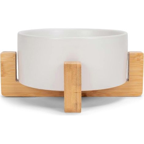 Deluxe petit blanc Stoneware Ceramic et Bois Pet Bowl Chat eau Bowl & Food Bowl avec Pied pour Dogs et Cats (1/5)