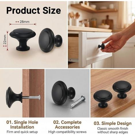 10 Piece Kitchen Furniture Handles,Bck Round Furniture Knobs for Cupboards,Cabinet Doors and Drawers,Cupboard Doo POIGNEE DE MEUBLE (1/5)