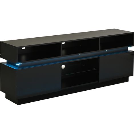 CAIziMeuble TV de salon de 160 x 35 x 60 cm, support TV bas avec plateau en verre trempé, meuble TV bas brillant avec LED, meuble de salon en MDF, adapté aux téléviseurs de 60 pouces, noir