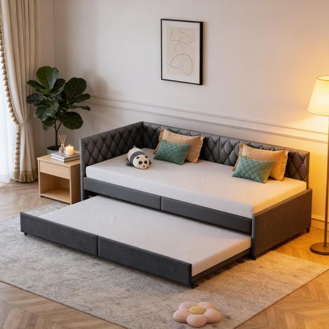 Letto singolo 90x200 cm – Letto estraibile – Tessuto in velluto – Testiera imbottita – Rete a doghe – Stile moderno (1/5)
