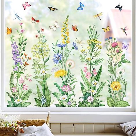 QuickShoppen - Décoration de fenêtre en PVC double face pour la maison, le jardin ou la fête - Autocollants de fenêtre Tanlaby Fleurs Herbes Papillons (1/5)