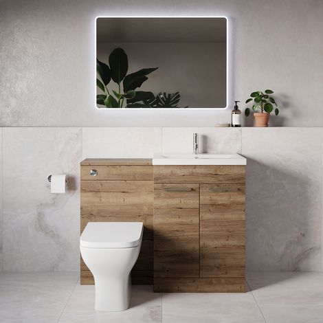 Napoli 390 Tobacco Oak 1100mm 2 Door Vanity Unit Toilet Suite with Glide Basin - 1100mm - Chrome 160mm HandleWith Kingston Toilet Pan and Seat