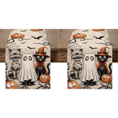 Camino de mesa de Halloween de 33 x 183 cm, decoración de gato fantasma, decoraciones para fiestas de Halloween: calabazas y faroles, Jack, estilo rústico (2 piezas) (1/5)