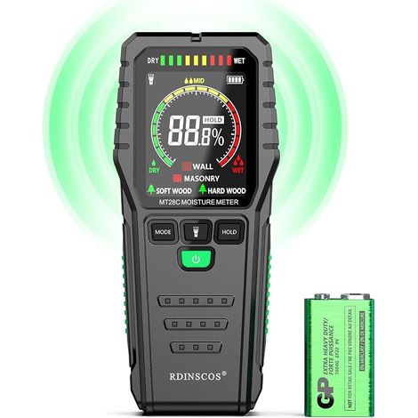 Testeur d'humidité sans aiguille, testeur d'humidité mural avec batterie, écran LCD couleur et alarme sonore pour bois, béton et construction (profondeur : 0-19 mm) (1/5)